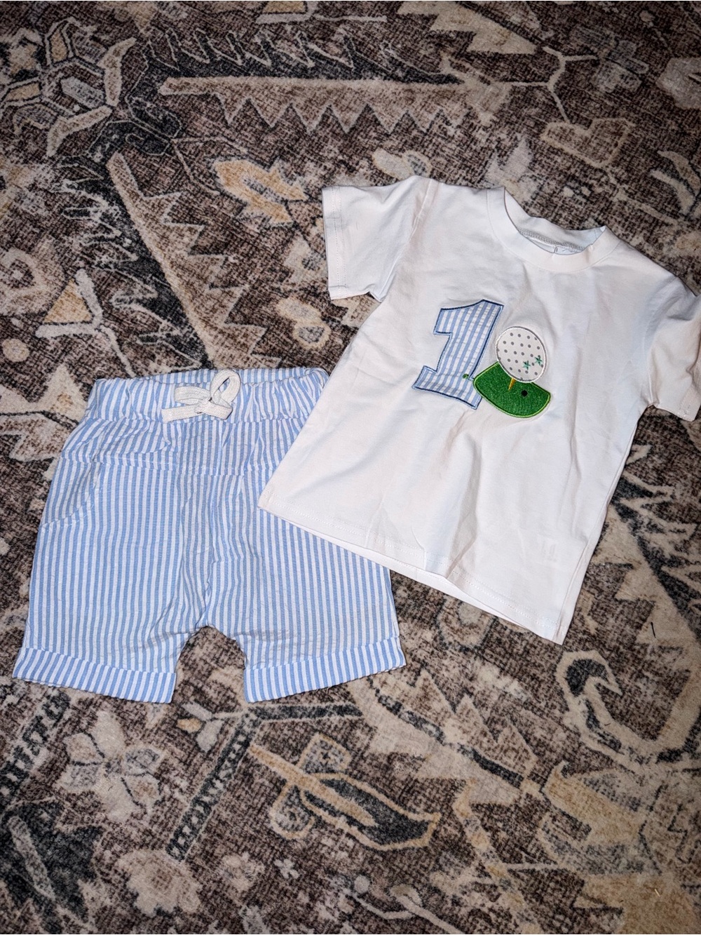 Boys White Golf Applique Tee with Blue Seersucker Shorts Set
